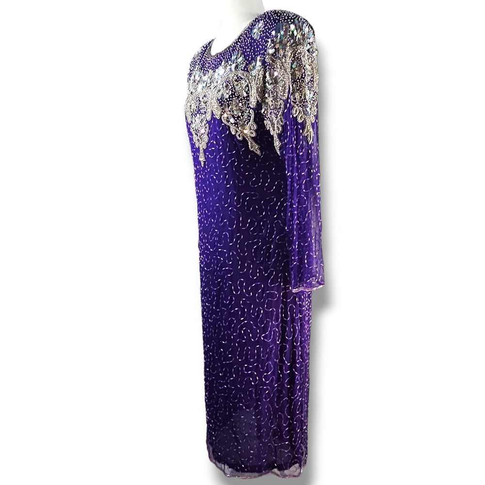 VTG JP‎ Fashion Hand Beaded Silk Sheath Cocktail Dress Sz. M Royal Purple